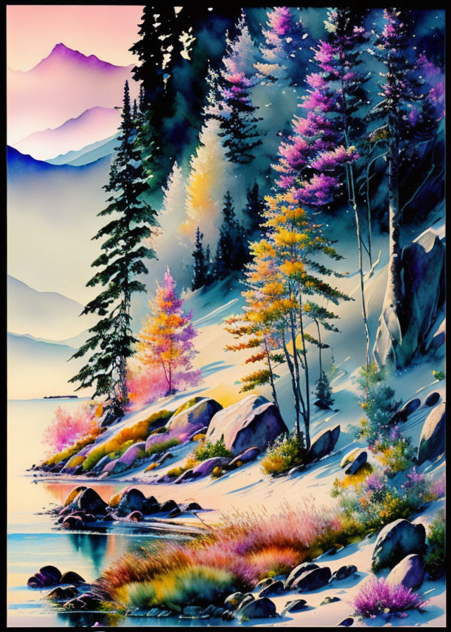 Colorful Landscape Painting: Serene Lakeside with Purple and Yellow Foliage