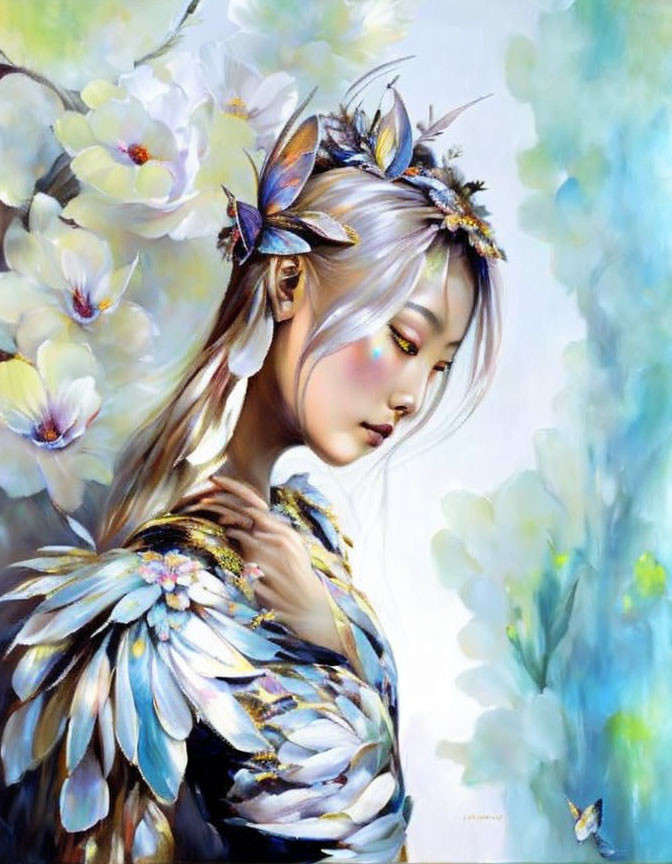 Illustration of woman with butterfly hair adornments among white blossoms