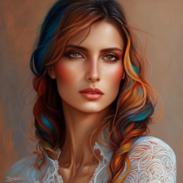 Colorful digital portrait of woman with rainbow hair and lace garment