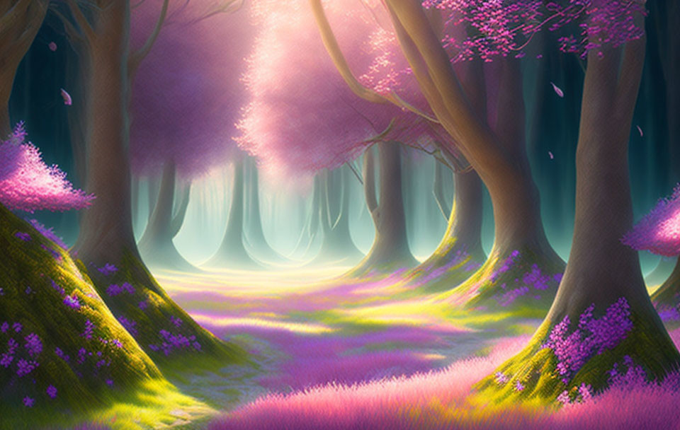 Mystical forest with tall trees, pink leaves, sunlight, and flowers