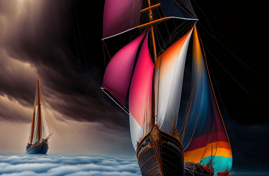 Vibrant sailing ships on calm waters under dramatic sky