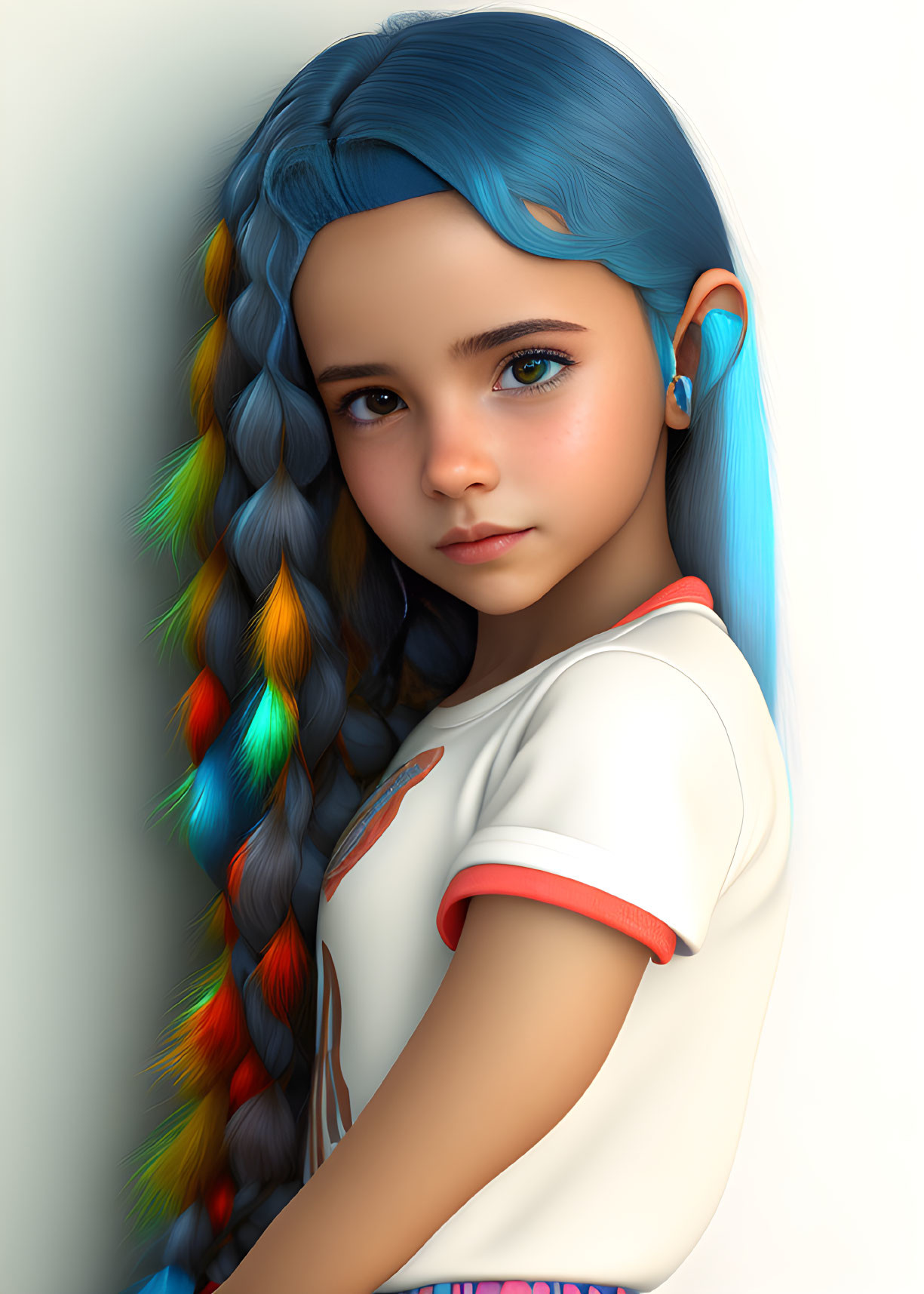 Colorful braided blue hair on girl with big brown eyes in white shirt