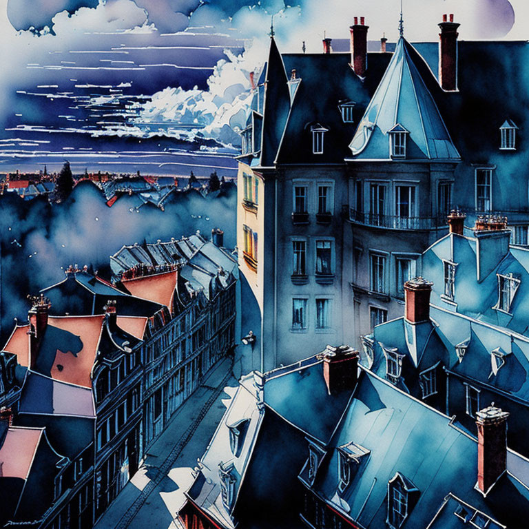 Parisian Rooftop Scene: Blue Buildings and Cloudy Sky at Dusk