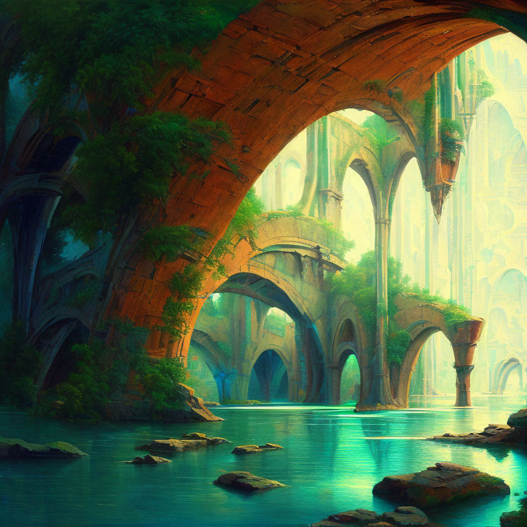 Mystical river under ancient moss-covered bridges in lush forest