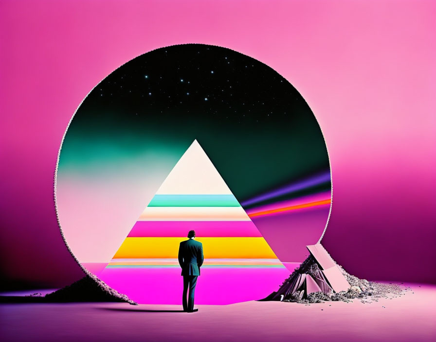 Person standing before geometric portal under starry sky and pink backdrop.