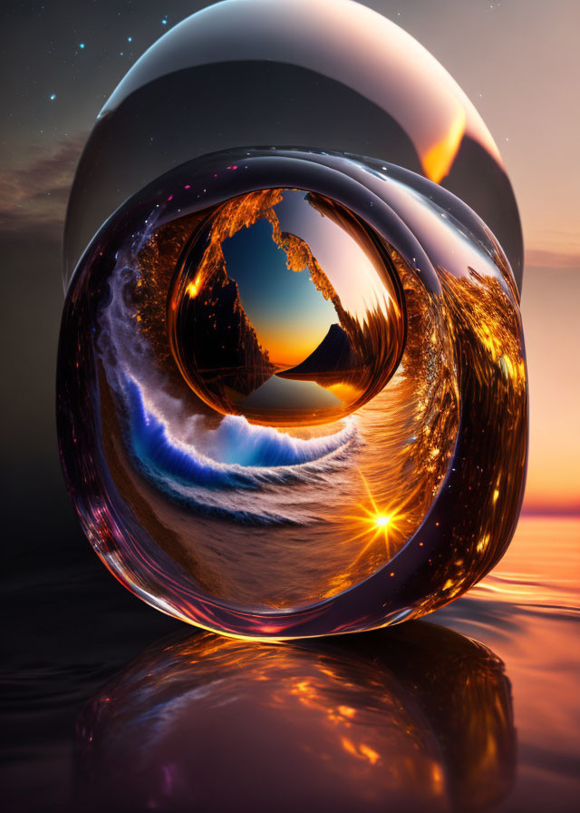 Surreal digital art: glossy mobius strip with night landscape and ocean waves