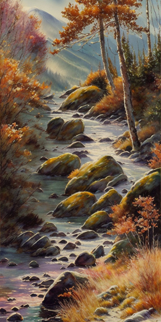 Autumn mountain stream painting with mossy rocks and vibrant trees