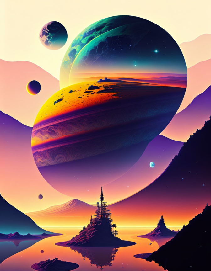 Vibrant surreal landscape with colorful planets, lake, mountains, and tree.