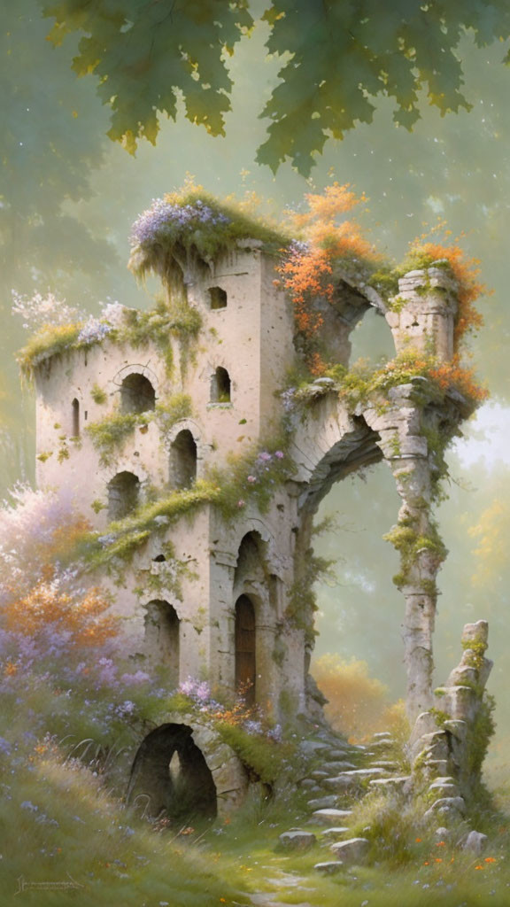 Ancient stone tower surrounded by greenery and flowers in a forest landscape