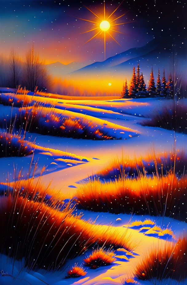 Snowy landscape at dusk with bright star, orange grass, trees, and starry sky