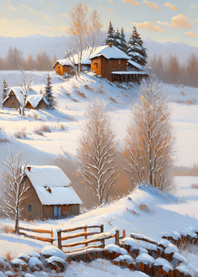 Snowy cabins, bare trees, and wooden fence in serene winter landscape