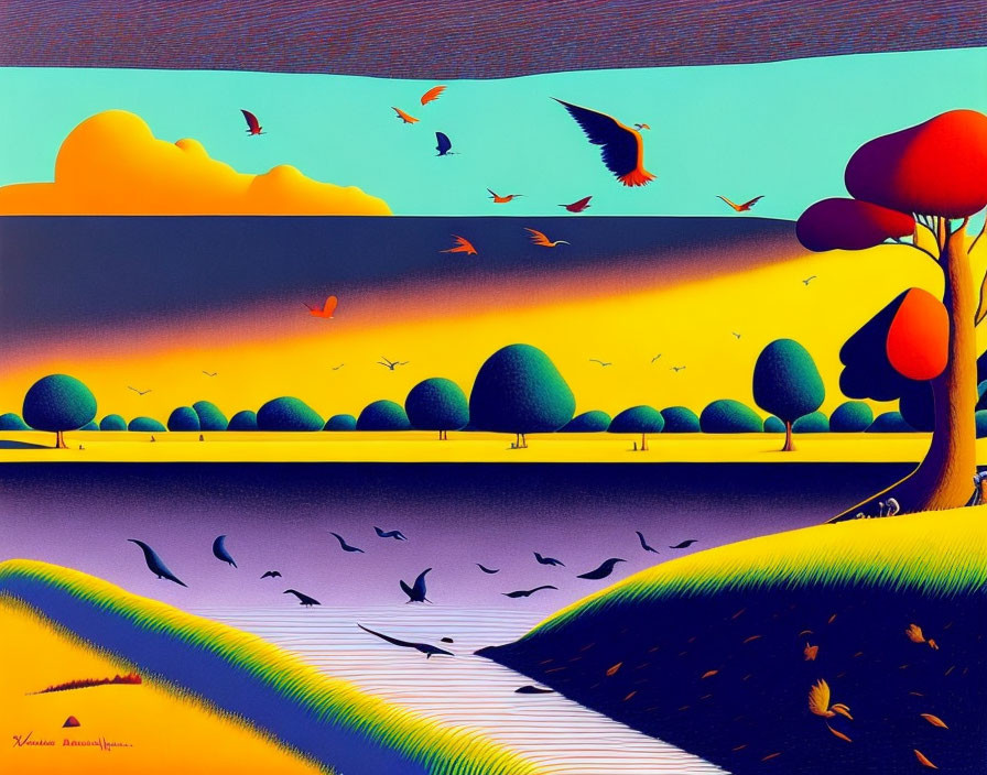 Colorful Sunset Landscape with Birds and Abstract Trees