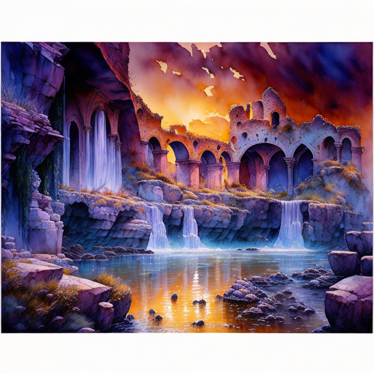 Mystical waterfall painting with ruins, rocks, sunset sky