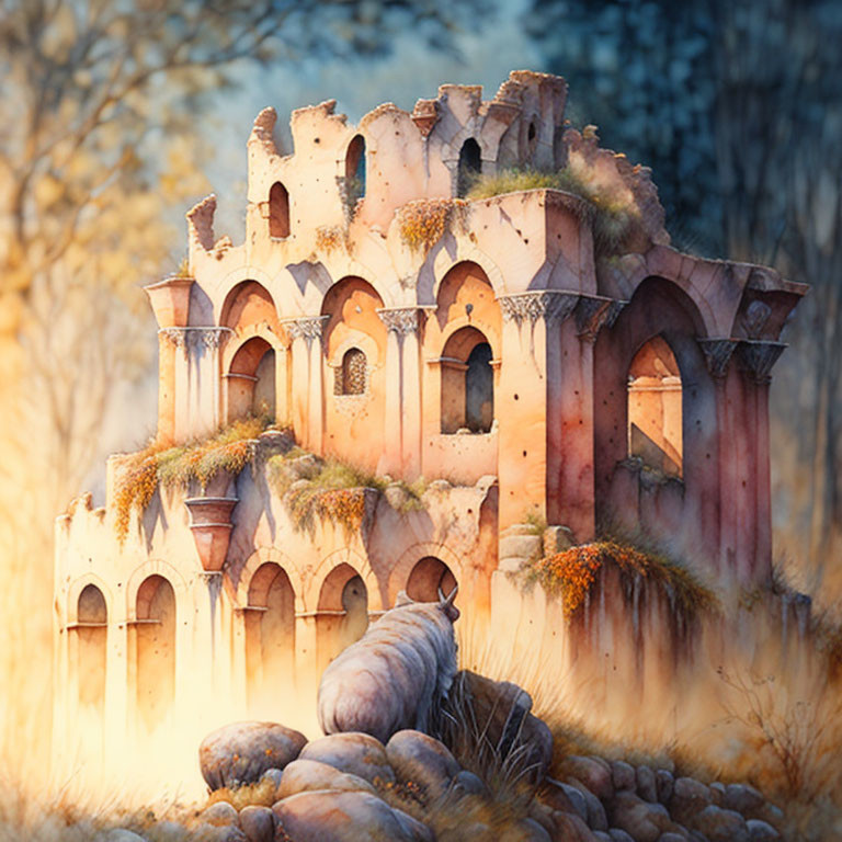 Illustration of dilapidated castle in autumn woods with overgrown vines