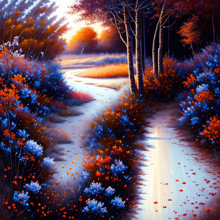 Colorful sunset forest path with vibrant foliage and flowers.