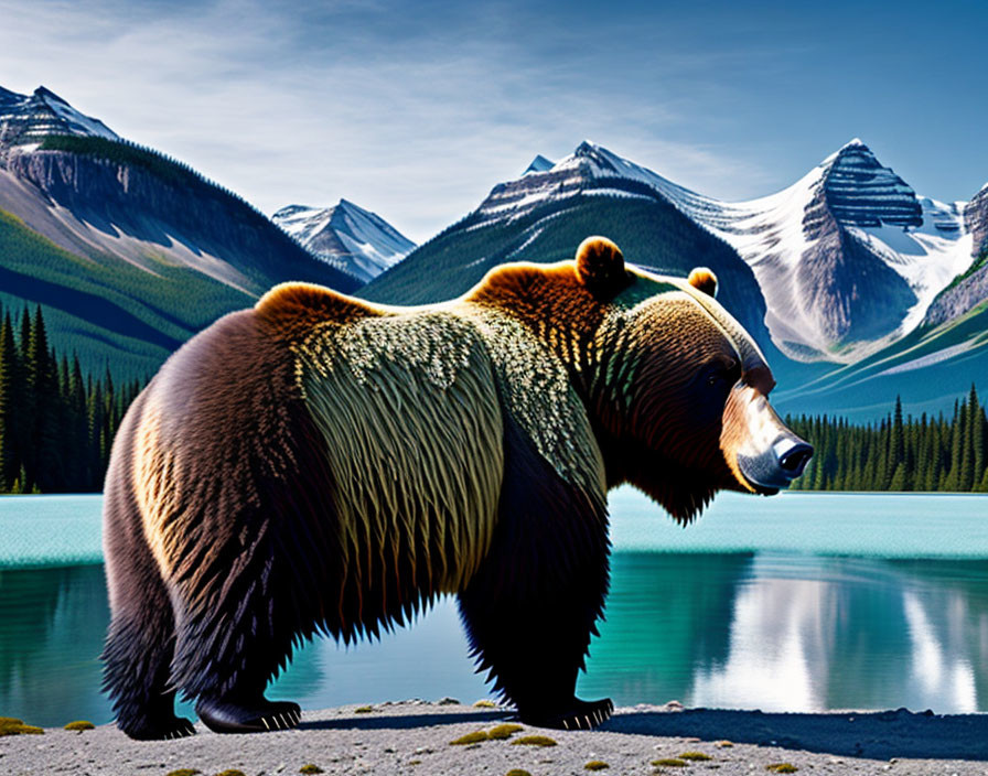 Brown bear in front of turquoise lake with snow-capped mountains