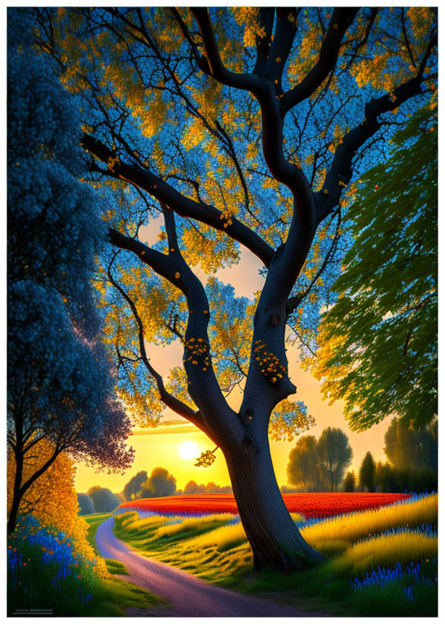 Vibrant Sunset View: Winding Path, Colorful Field, Towering Trees