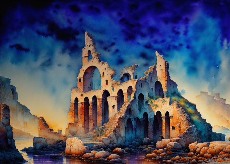 Vibrant watercolor painting: ancient ruins by water under purple sky