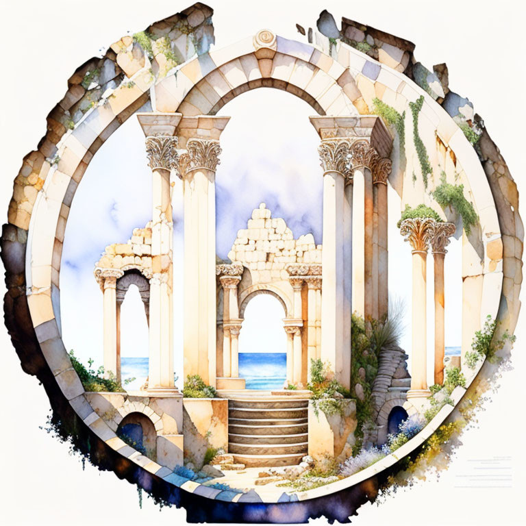 Circular Frame Watercolor Illustration of Ancient Ruins with Corinthian Columns and Sea View