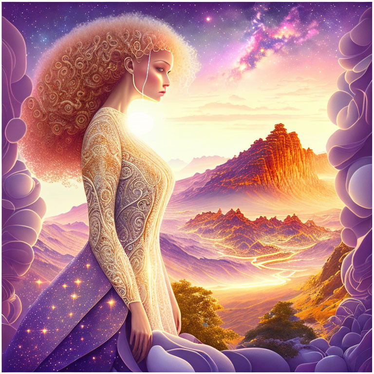 Surreal illustration of woman in ornate dress with cosmic afro hair gazes at fantasy landscape