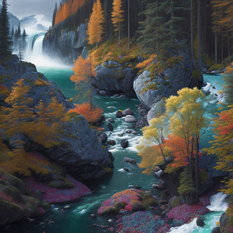 Scenic landscape: turquoise river, rocky canyon, autumn trees, waterfall