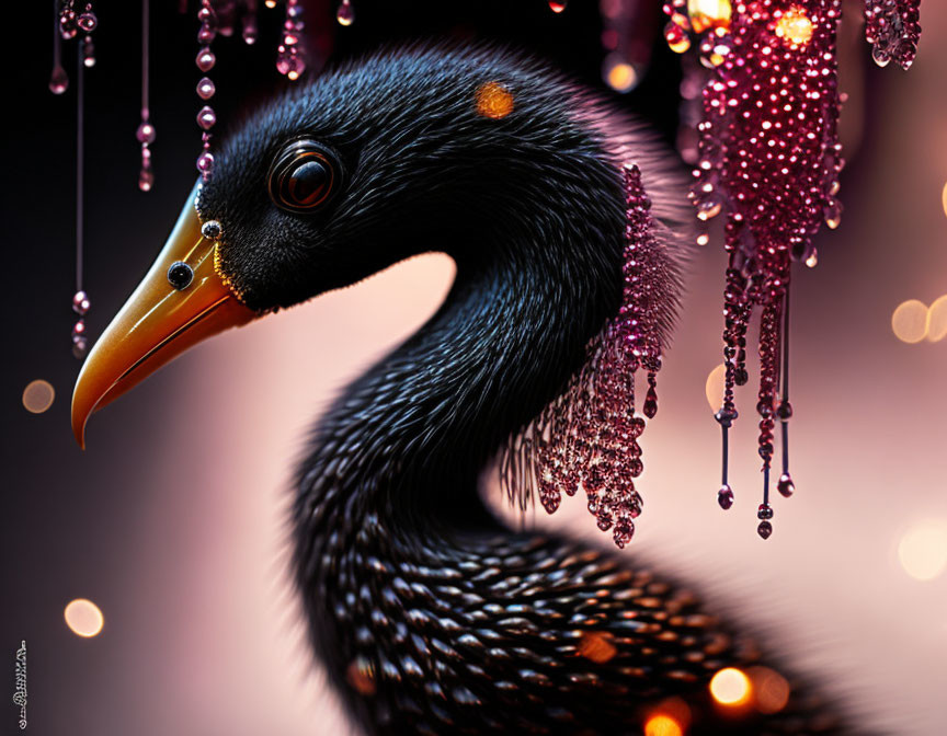 Exotic glossy black bird with orange beak in pink and orange lights