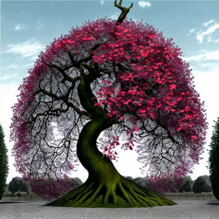 Majestic tree with pink leaves in digital artwork