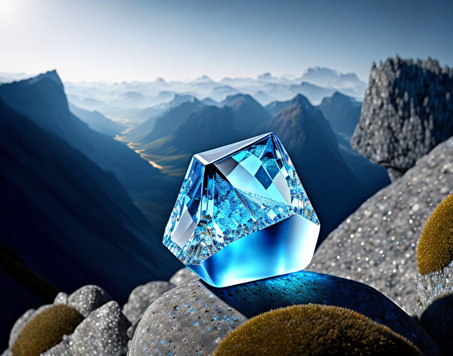 Digital image: Glowing blue crystal on rocky surface with mountain landscape