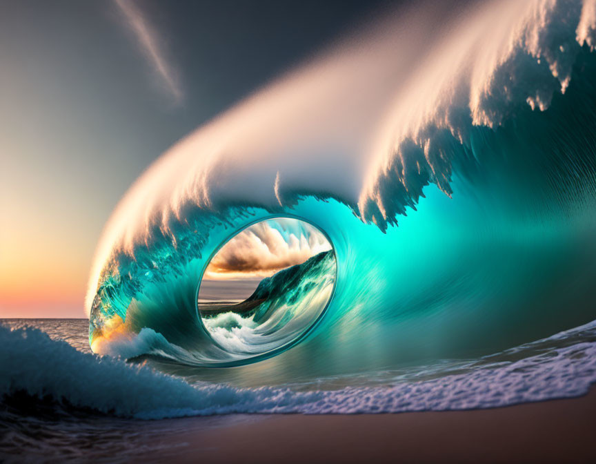 Surreal image: wave with circular hole reveals another wave at sunset