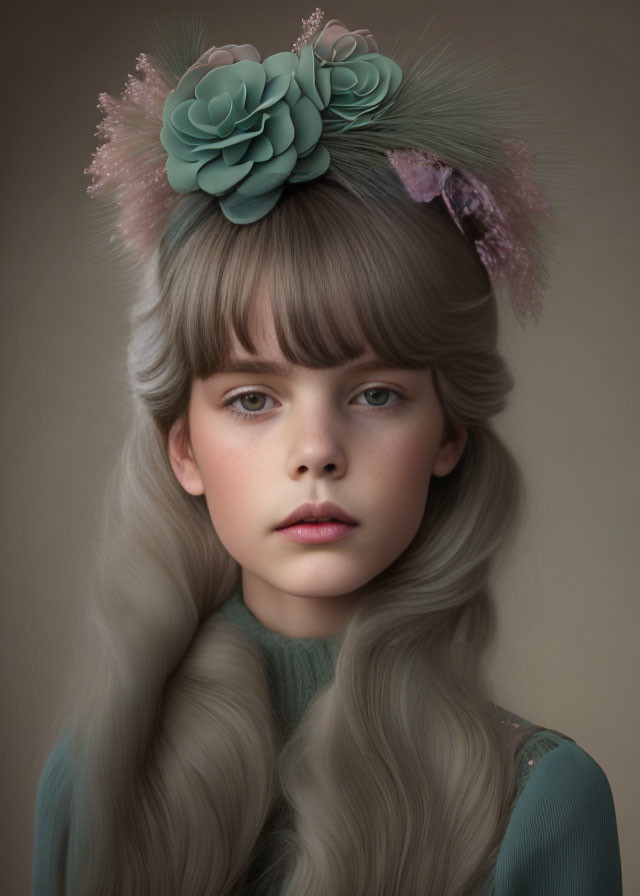 Young girl with long wavy hair and green floral headpiece on neutral background