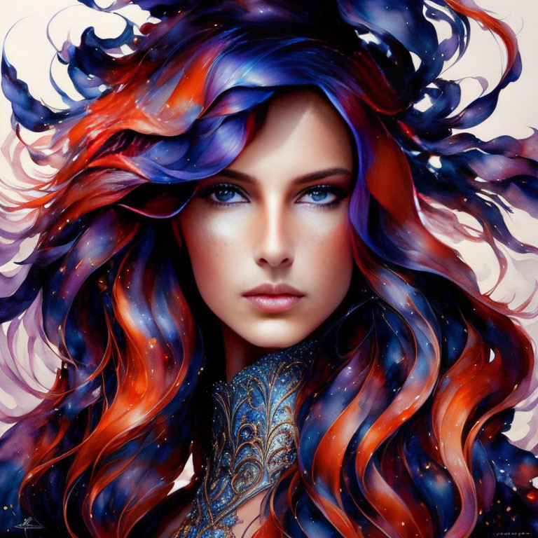 Vibrant digital artwork of woman with multicolored flowing hair