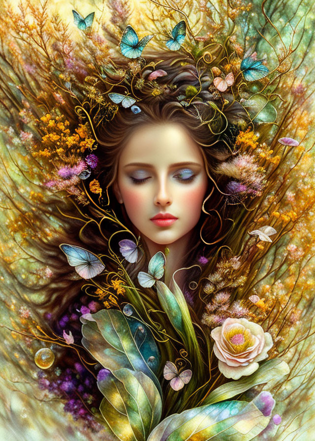 Elaborate fantasy portrait of woman with floral hair adornments