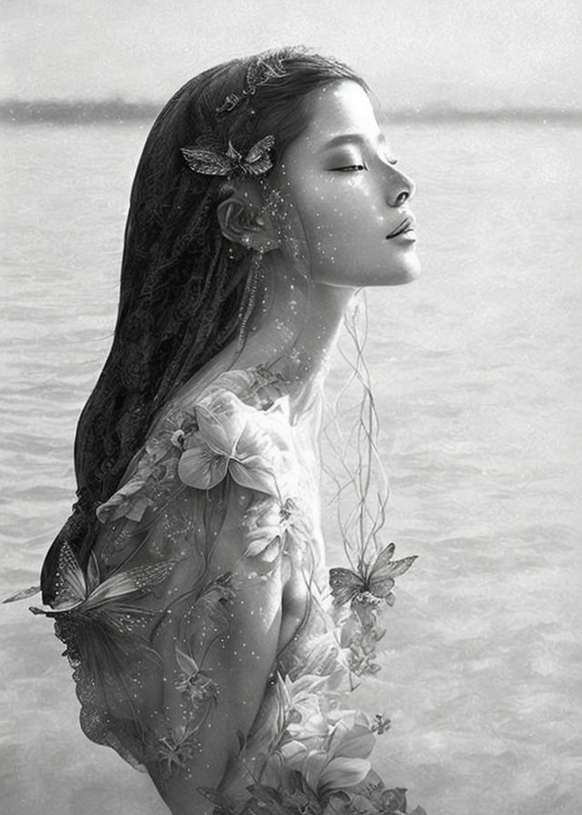 Monochrome portrait of woman with floral and butterfly motifs