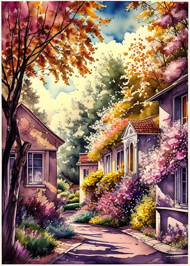 Colorful watercolor painting of a charming autumn street scene