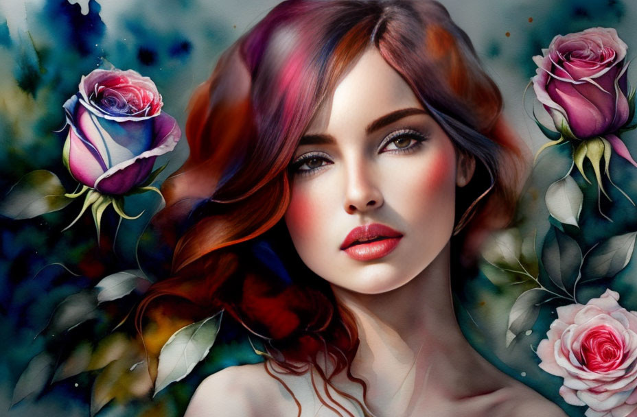 Colorful Hair Woman Portrait Surrounded by Blooming Roses on Blue Background