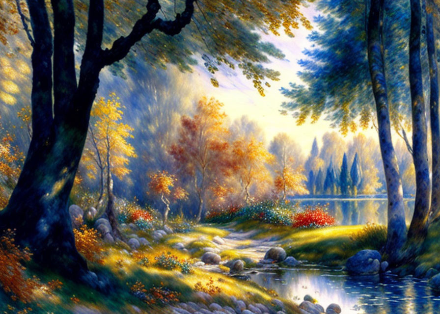 Tranquil Autumn Landscape with Vibrant Trees and Meandering Stream