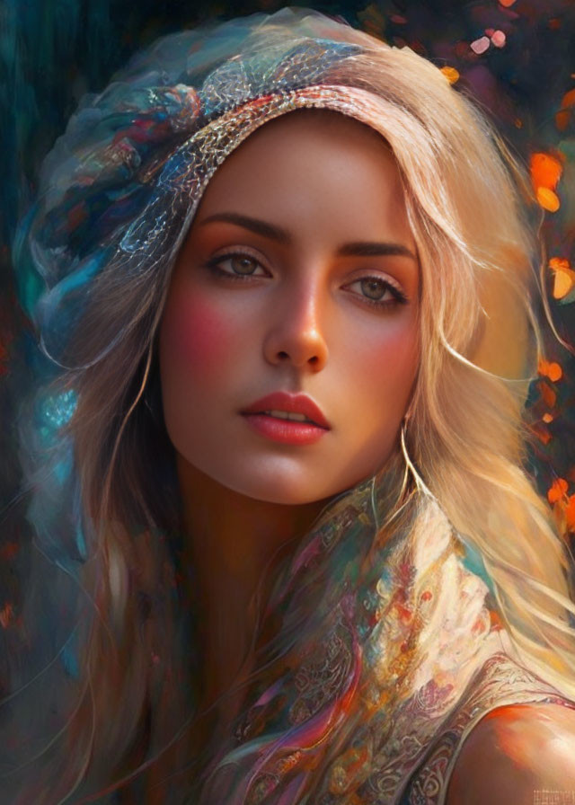 Blonde woman with rosy cheeks in colorful shawl and headwrap