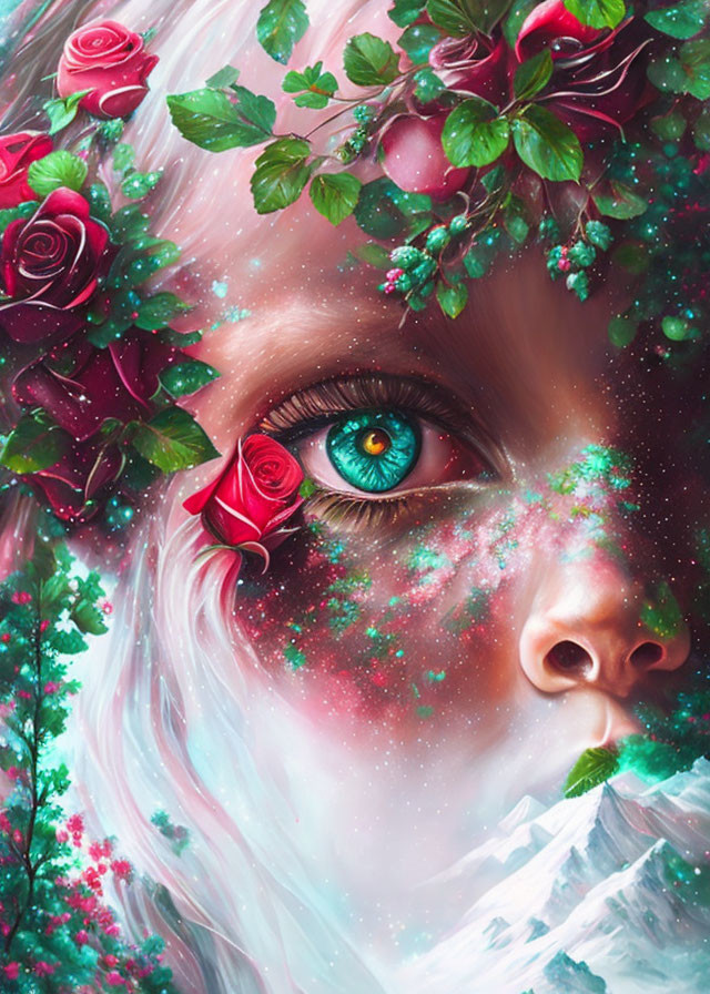 Close-up eye surrounded by roses and foliage with galaxy effect and icy mountains.