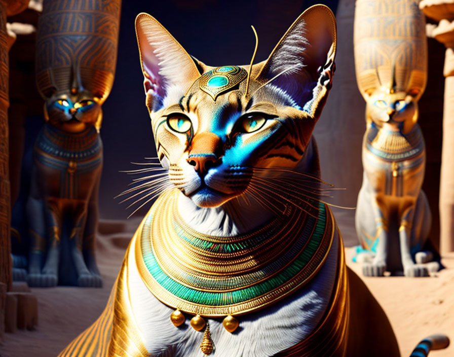 Digital illustration: Egyptian cat deity with jewelry and headdress in hieroglyphic setting