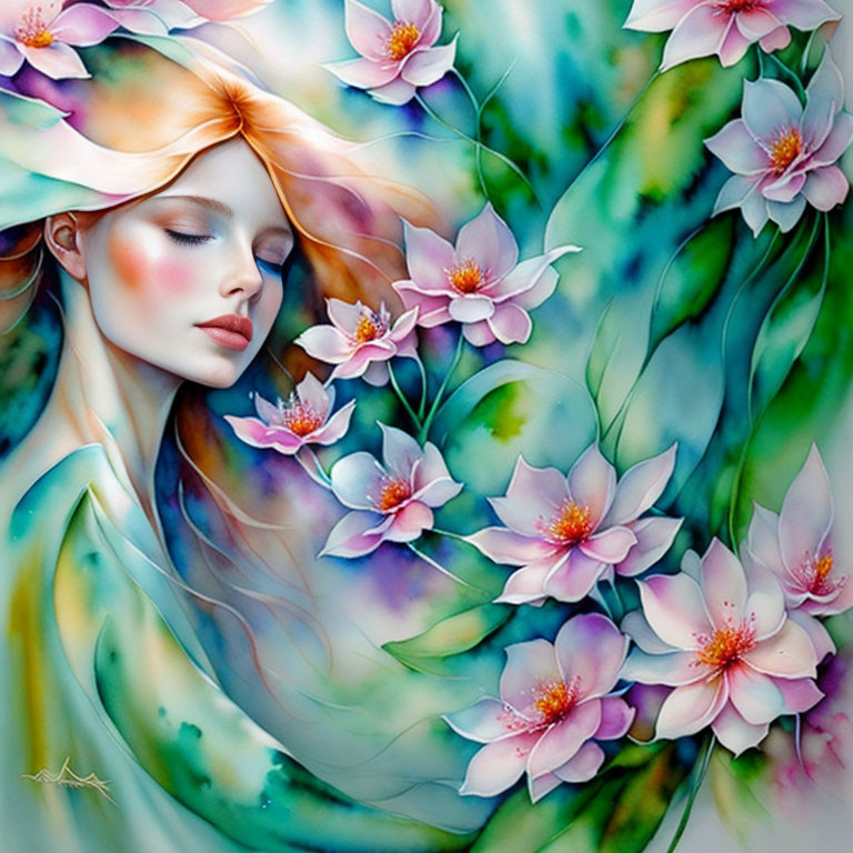 Illustration of woman with flowers in pastel colors