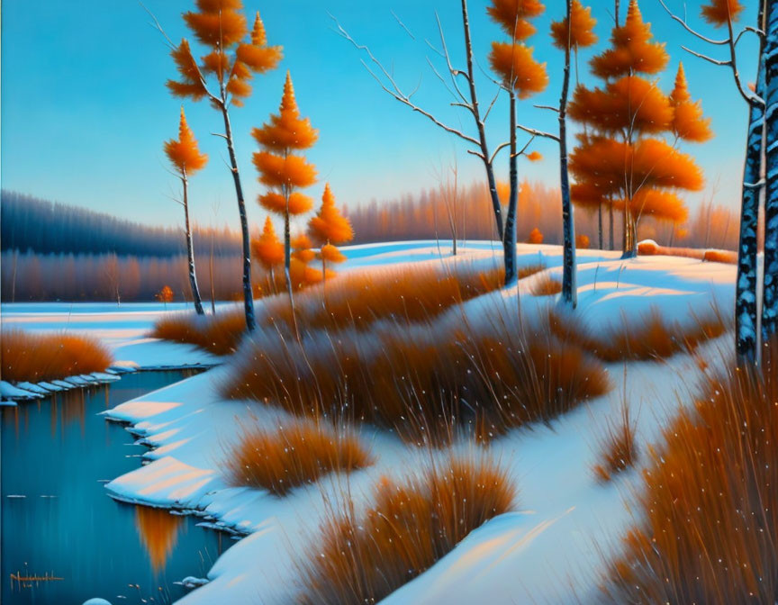 Snow-covered winter landscape with creek, golden trees, and dusk sky