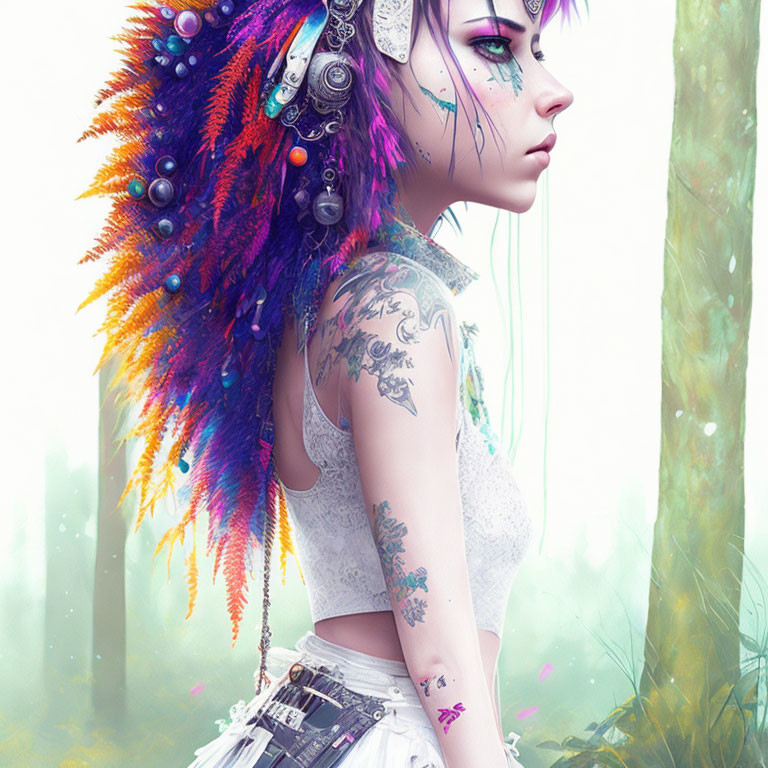 Colorful feathered headdress and forest background digital artwork.