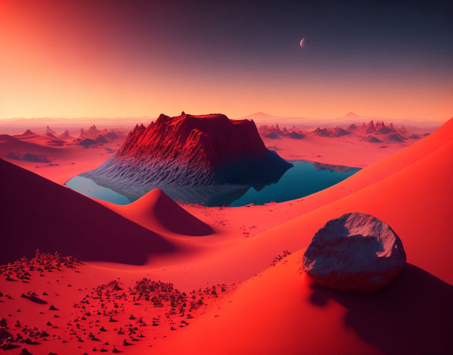 Surreal desert landscape with crescent moon and oasis