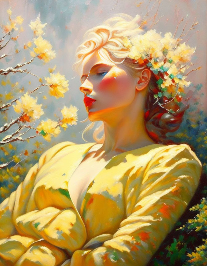 Woman with Golden Hair in Yellow Dress Surrounded by Blossoms