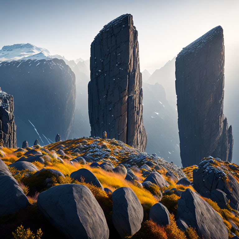 Majestic cliffs above golden meadow in tranquil mountain landscape