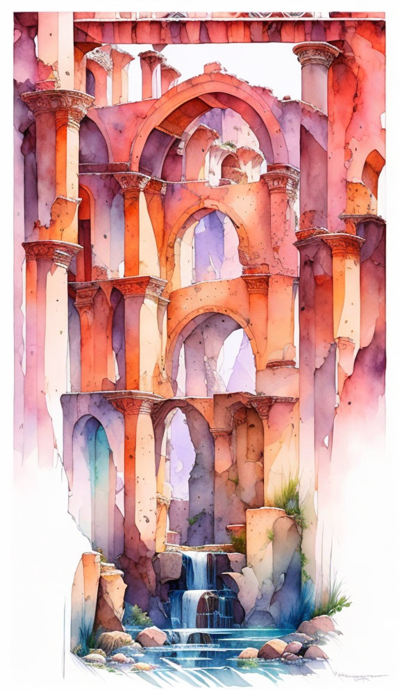 Ancient ruins watercolor painting with multi-tiered structure, arches, columns, and waterfall.