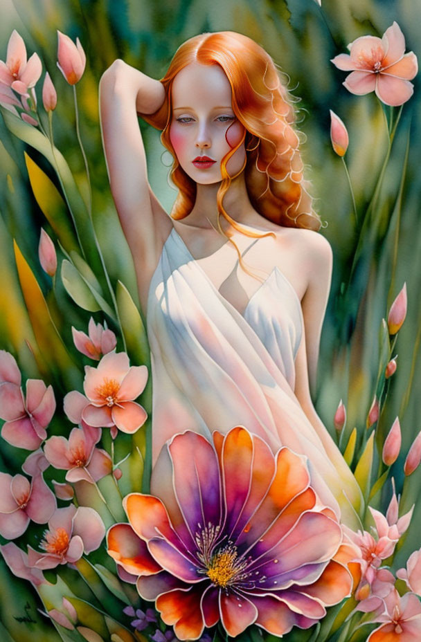 Illustration: Red-haired woman in white cloth emerges from pink flower in blossoming field