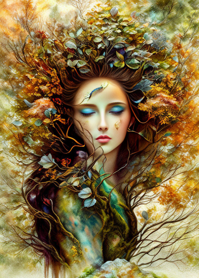 Portrait of a woman merged with autumnal trees and woodland elements