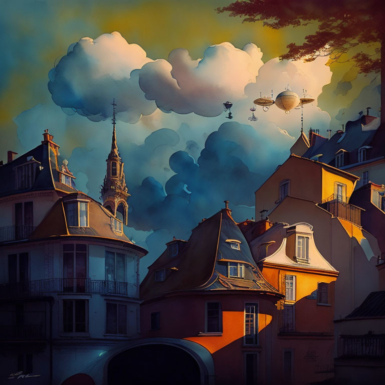 European town illustration: warm sunlight, church spire, zeppelin in sky