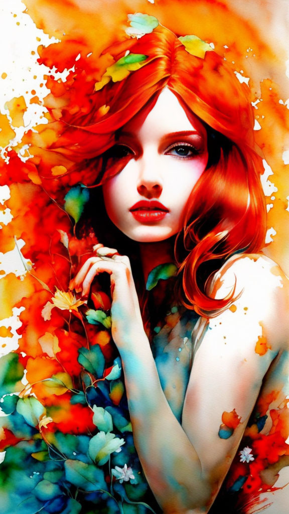 Colorful Woman Portrait with Red Hair and Floral Accents on White Background